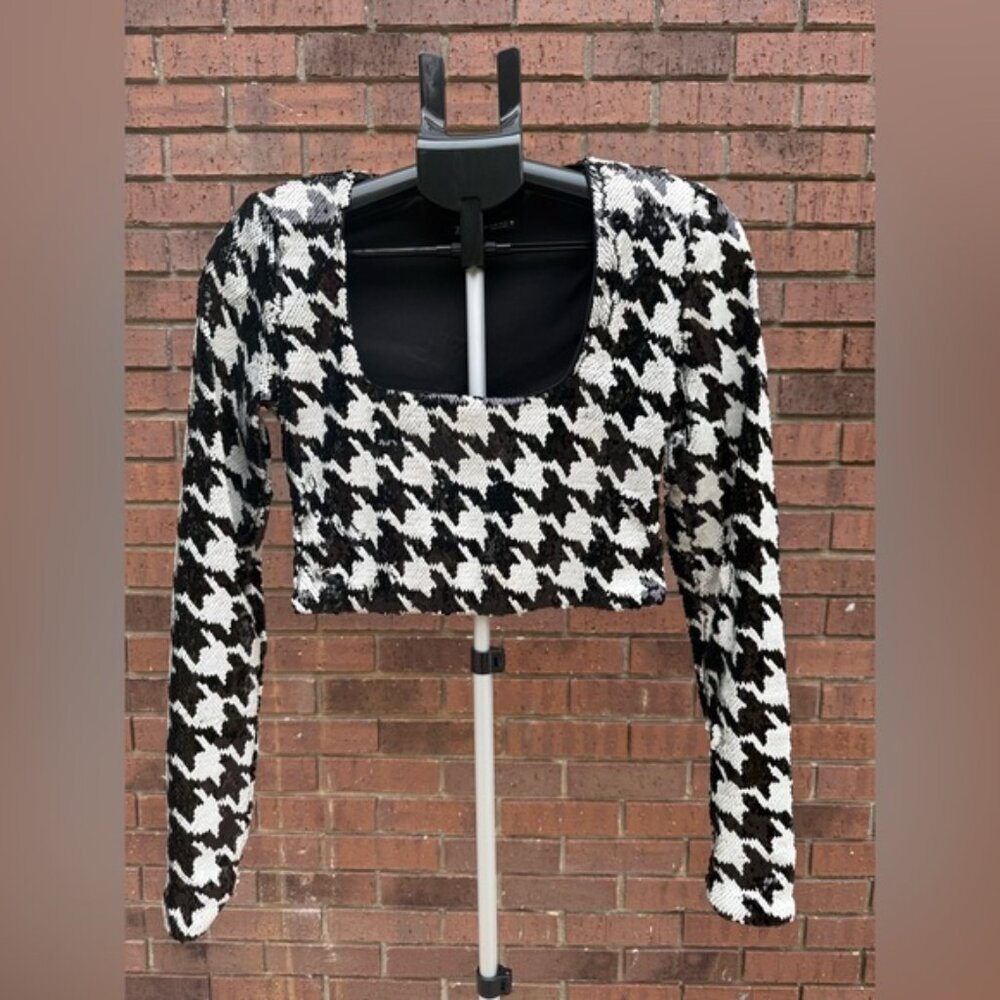 ZARA Black White Sequin Houndstooth Crop Top Long Sleeve Womens Size XS